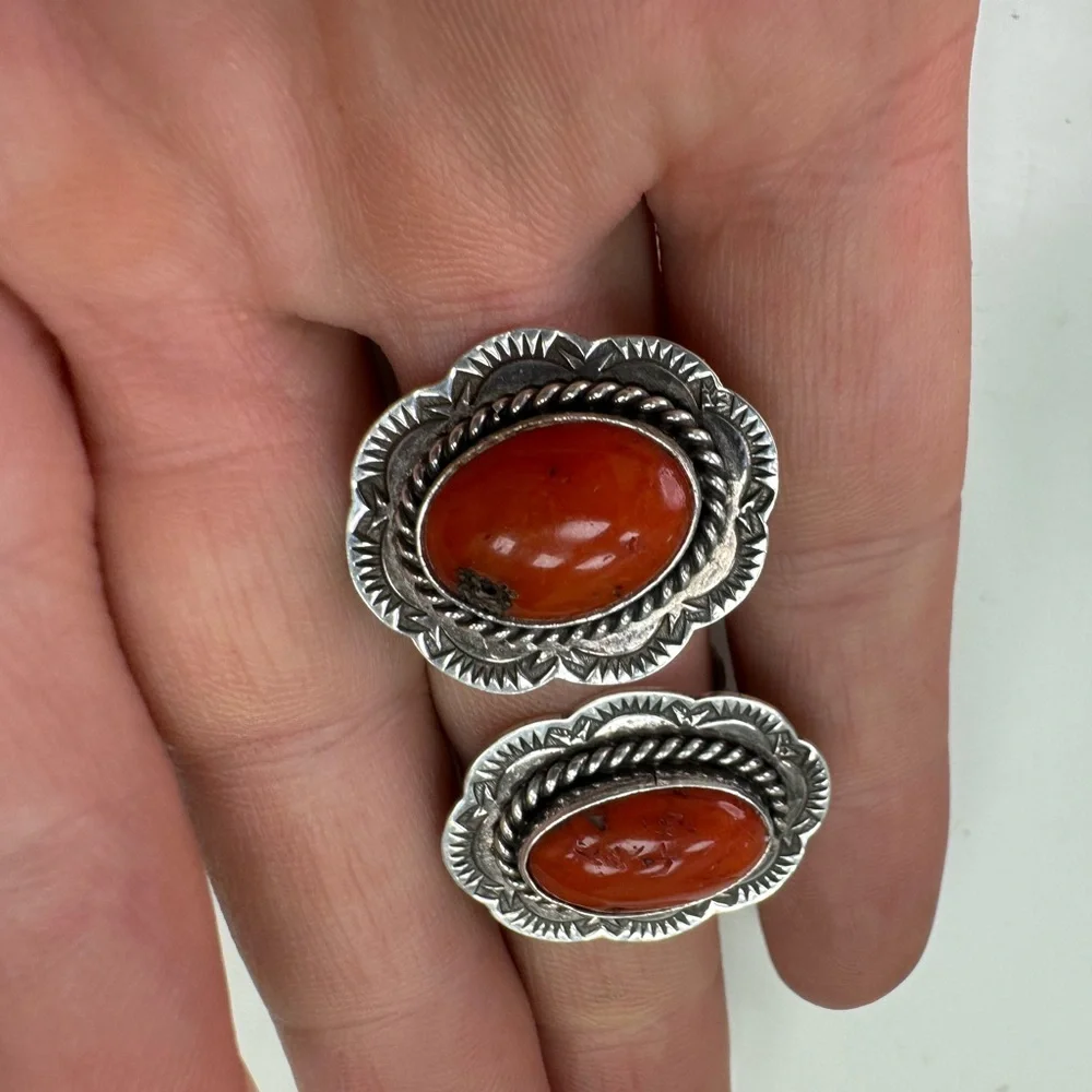 Navajo J. Slifka 925 Sterling silver and coral clip on earrings 11.7g